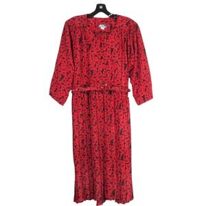 VTG WINNING TICKET Black w/RED ROSES Satin 1/4-BUTTON Belt BLOUSON DRESS Sz 14